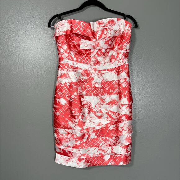 Bebe Y2K Red & White Patterned Tattered Ruffle Strapless Bodycon Dress - Small - Picture 1 of 7